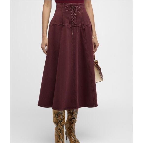 ULLA JOHNSON The Estelle Skirt Women's Size 8 Midi Denim Lace Up Burgundy Red - Picture 1 of 11